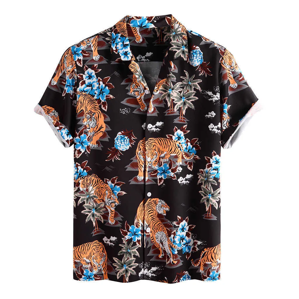 1点物⭕️お安く!◎Custom hawaiian fabric◎NR2◎9.7 Hawaiian Flower Tiger Print Mens Short Sleeve Shirt