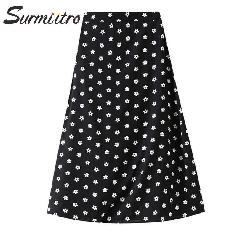 SURMIITRO Summer Midi Jupe Longue Femmes Style Coréen Noir Blanc Imprimé Floral Mi-Longueur Taille Haute Une Ligne Jupe Femme 210712