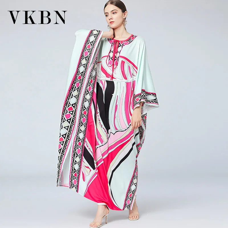 VKBN Summer 50% Silk Robes Pour Femmes Plus Taille Taille Élastique Taille Élimine Échange O-Cou Mode Femmes Dress Up 210507