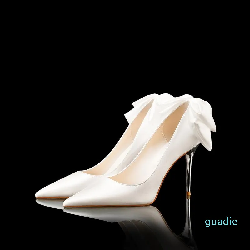 Moda-elbise ayakkabı kadın düğün gelin ayakkabı beyaz yay yüksek topuklu mizaç stiletto düşük kesilmiş saten ziyafet
