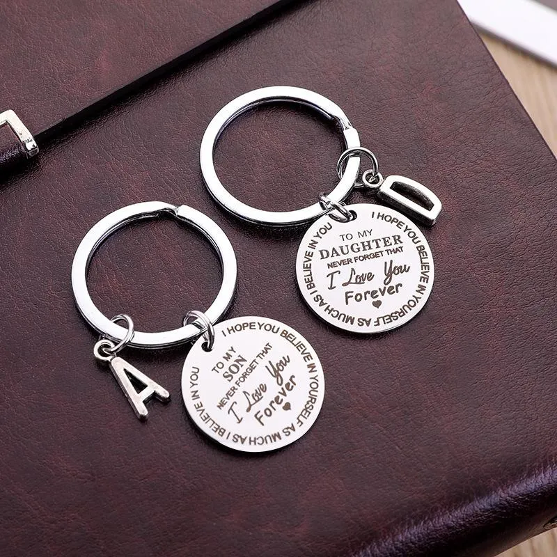 Stainless Steel Jewelry Keychain Good Quality TO MY SON/DAUGHTER Creative Key chain Charm Birthday Gifts Letter A~ Z