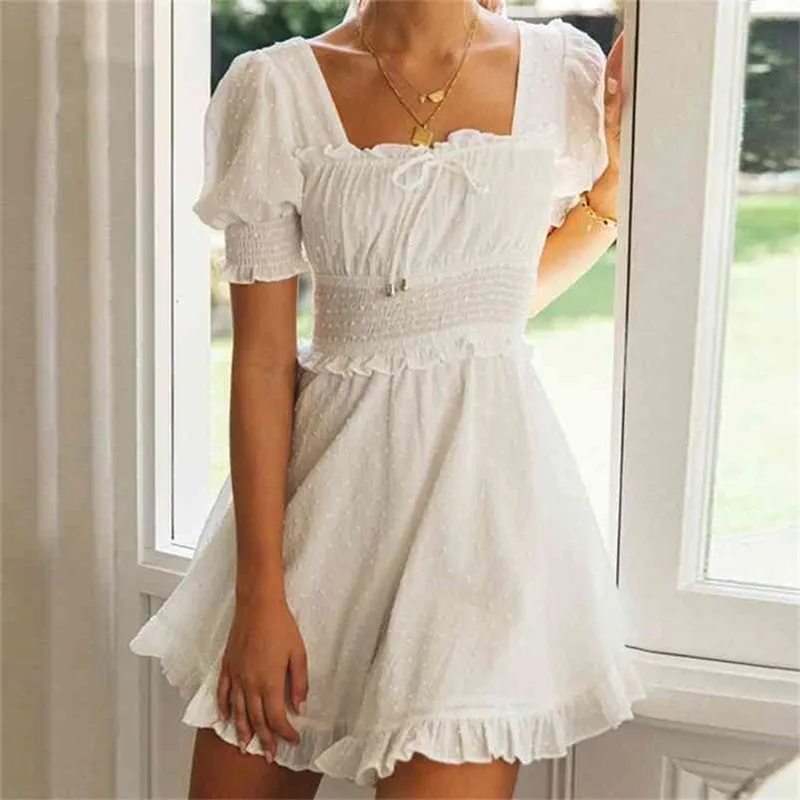 Beyaz Polka Dot Yaz Plaj Elbise Kadın Puf Kol Vintage Fırfır A-Line Backless Kısa Vestidos 210427
