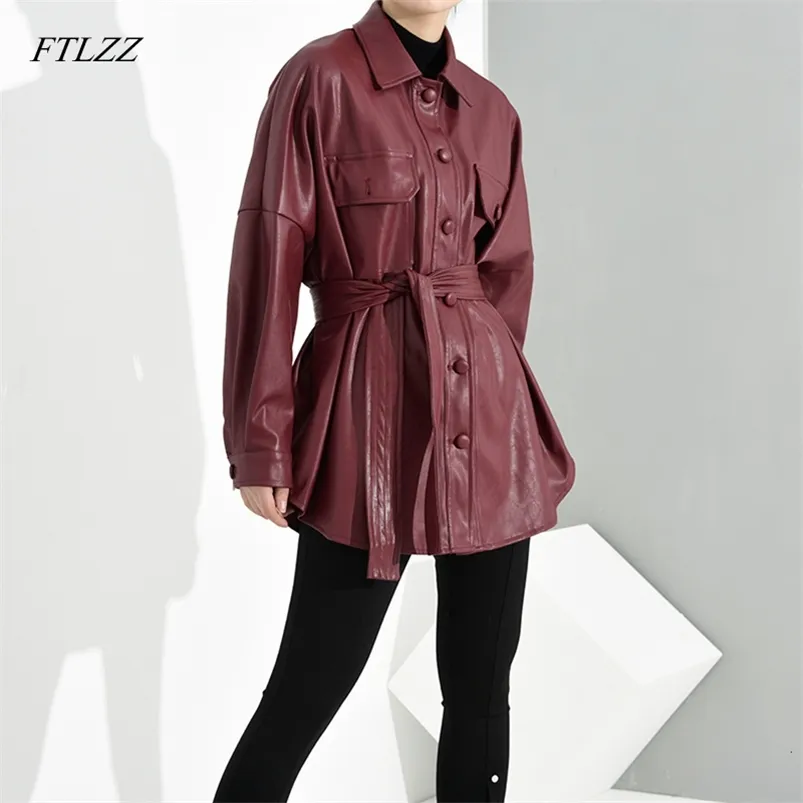 Women Leather Shirts Single Breasted PU Tops Wine Red Black High Waist Jacket Tie Belt Streetwear 210430