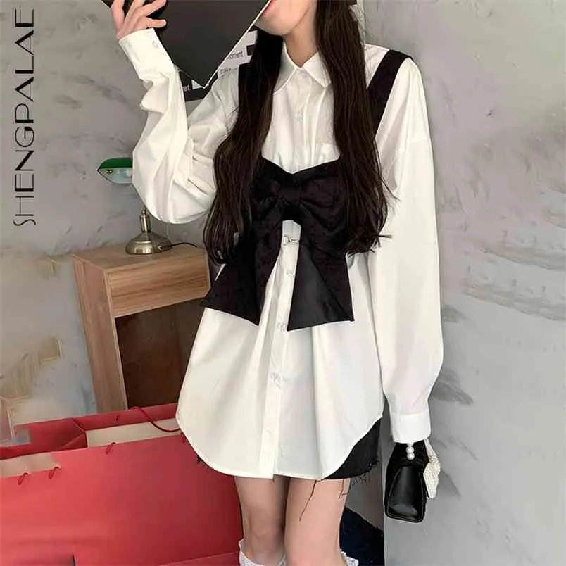 Personality Vest Spliced Blouse Women's Spring Lapel Large Size Single Breasted Long Sleeve Shirt Female 210427