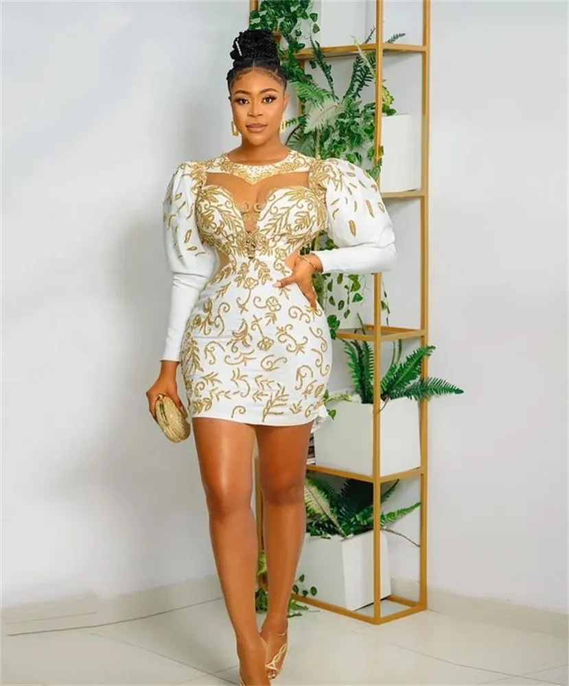 Aso Ebi Africano o Pescoço vestido de baile curto para menina negra 2022 com ouro lace apliques vestidos de festa de manga comprida vestidos de casa