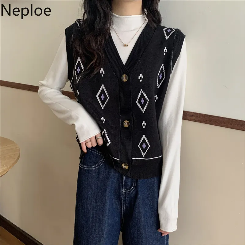Neploe Pull Gilet Casual V-Neck Sans Manches Vintage Pull Cardigan Veste Coréen Jacquard All-match Outer Wear Gilet 210422
