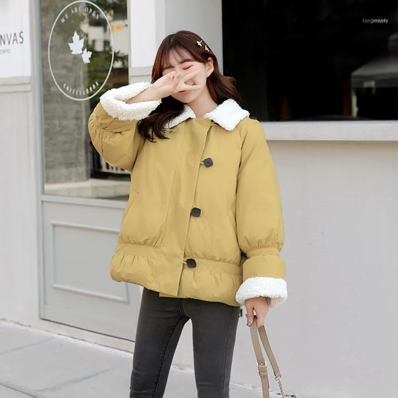 Lucyever 2021 Vinter Parkas Kvinnor Chic Knapp Kvinnor Koreansk Lös Söt Jacka Och Coat Furry Lapel Ginger Yellow Short OuterWear1