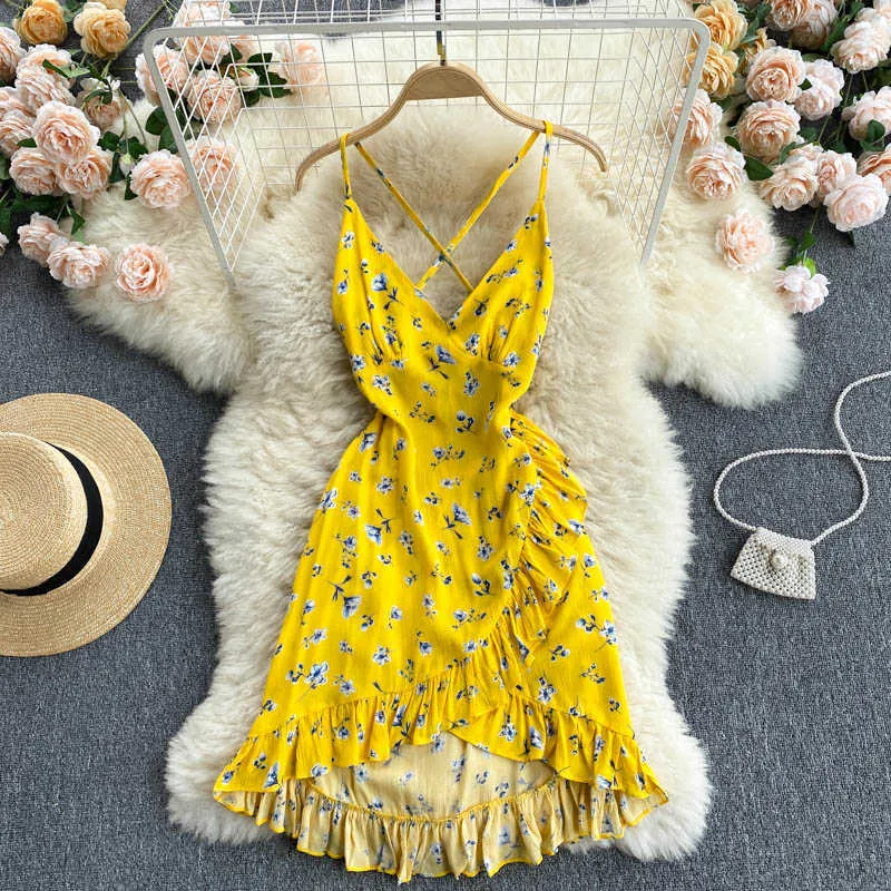 MINI FLORAL SPAGHETTI STRAP YELLOW DRESS