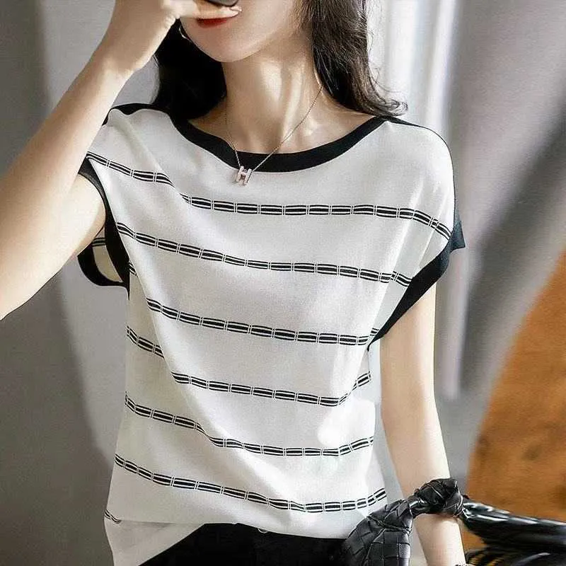 Spring Summer Casual Short Sleeve Pullover Knitted sweater patchwork Color slim Thin Women Wear one neck Sweater jumper 210604
