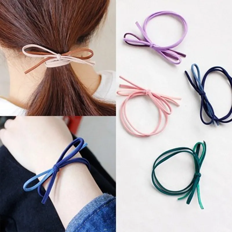 Whole 50-150pcs Cute Bowknot Elastic Solid Color Ring Headdress Women Ponytail Rubber Band Hair Accessories