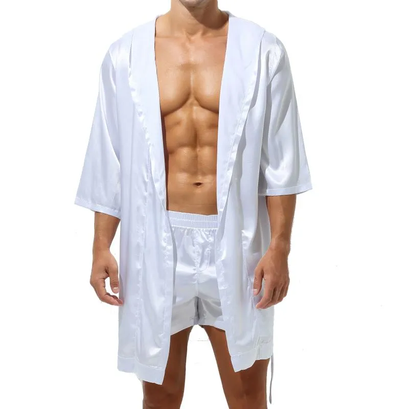 Masculino sleepwear seda quimono robe plus size manga comprida roupão de banho cetim verão casa roupas dormem vestes pijamas