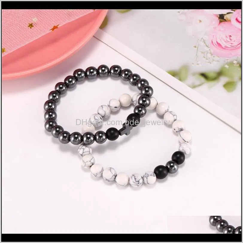 8mm cross hematite beaded bracelet set men charm white turquoises women elastic bracelet pulseras