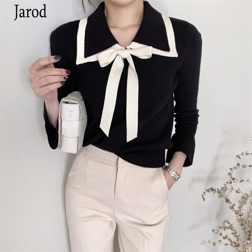 Korea Höst Kvinnor Stickad tröja Långärmad Slå ner Krage Bowknot Ladies Elegant Pullover Toppar Femme 210519