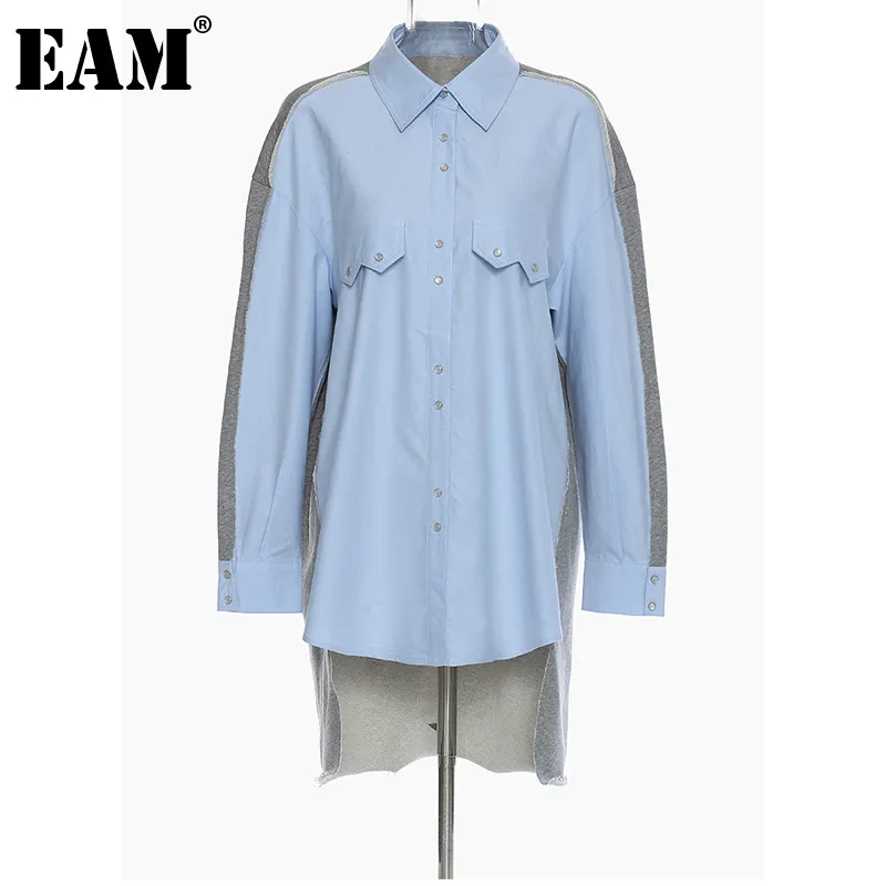 [EAM] Mujeres Azul Tamaño grande Irregular Blusa larga Solapa Manga larga Camisa holgada Moda Primavera Otoño 1DD6624 210512
