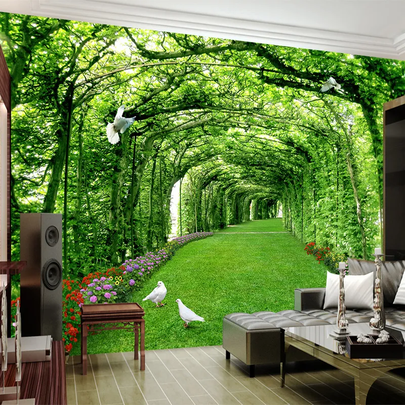 Carta da parati fotografica personalizzata per pareti 3 D Green Forest Tree Prato 3D Stereo Space Sfondo Carta da parati Decorazioni per la casa Murale Papel De Parede