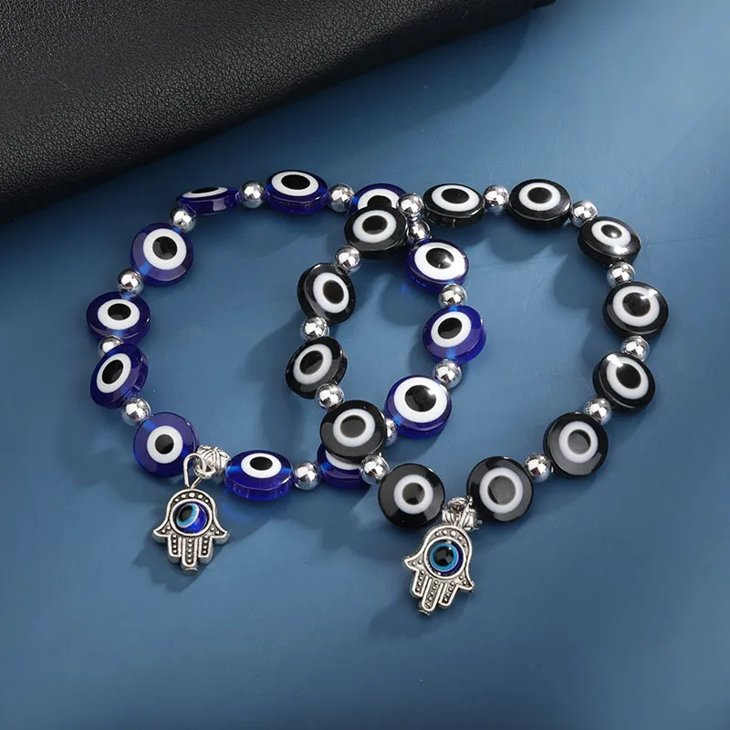 Lucky Hand Evil Blue Eye Strand Charm Armband Bangles Pärlor Turkiska pulser för kvinnor smycken grossist