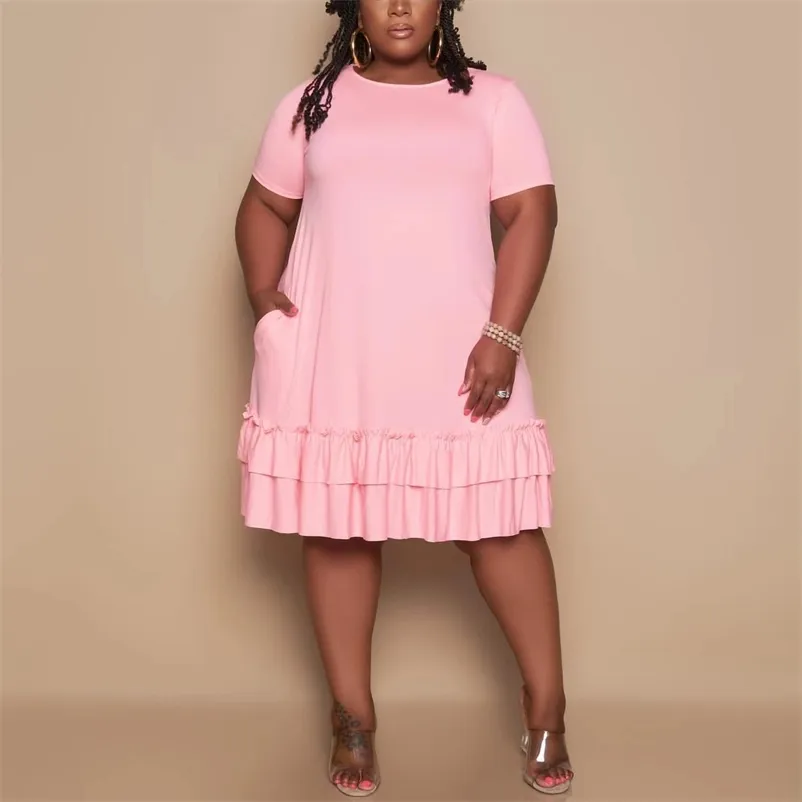 4XL 5XL プラスサイズのドレス女性のためのピンク固体ルーズストレート膝丈ファッション日常着 Vestidos ドレスミディ布 210510
