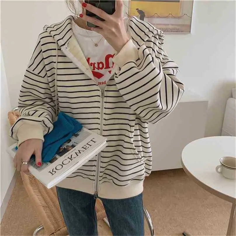 Höst Casual Striped All Match Stilfulla Coats Loose Women Streetwear Kort Hög midja Hooded Chic Student Toppar 210525