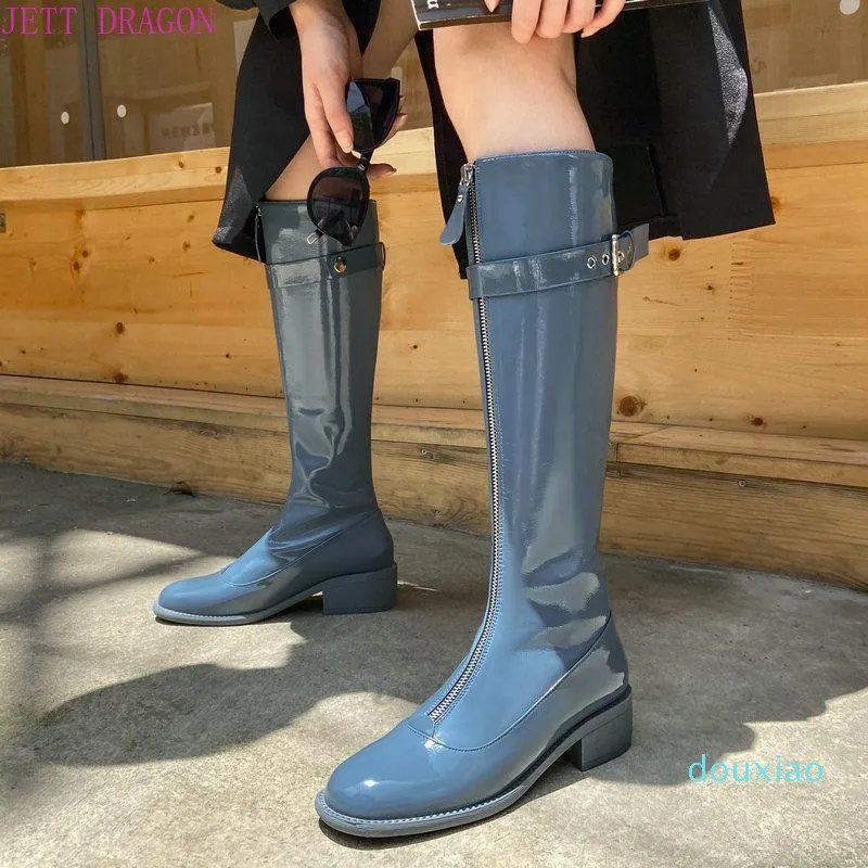 Stiefel Mode Patent Leder Motorrad Niedrige Ferse Frauen Frühling Herbst Knie Hohe Schnalle Winter Frau Schuhe Schwarz Blau