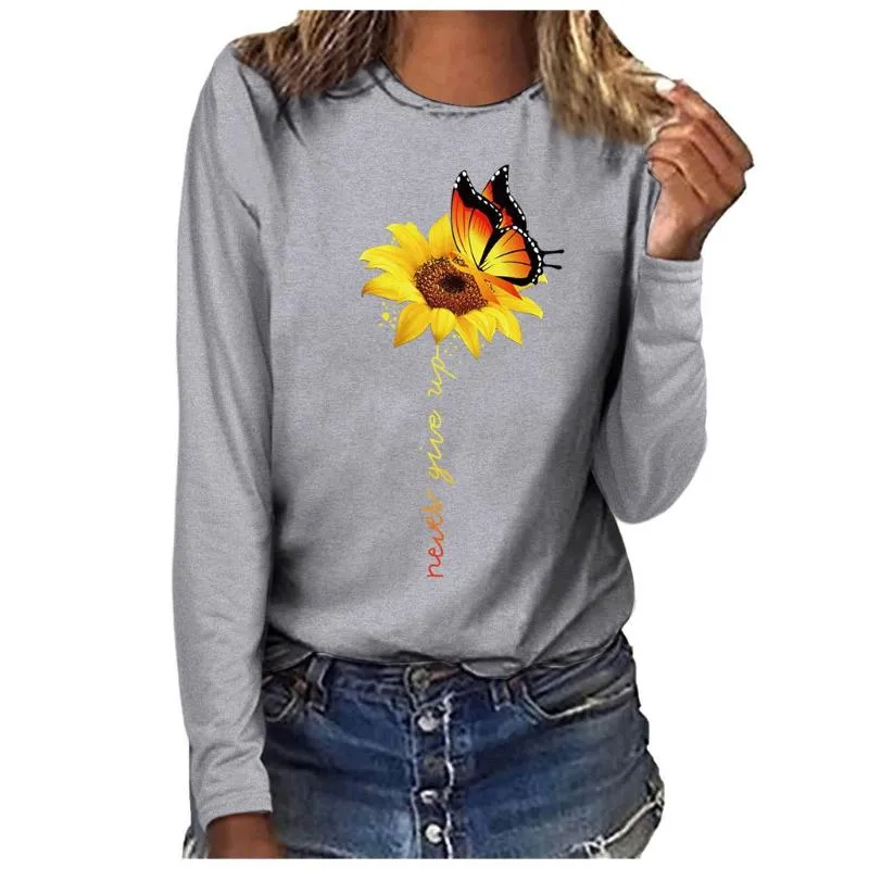 Damska koszulka Sun Floral Tshirt Kobiety 2021 Podstawowy Okrągły Neck Koszula Koszula Z Długim Rękawem Loose Wysokiej Jakości Vintage Topy Mujer