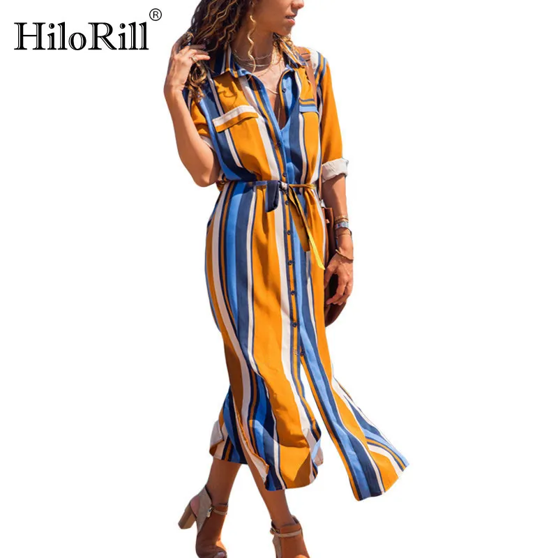 Frauen Gestreiftes Hemd Kleider Herbst Lange Hülse Drehen-unten Kragen Casual Kleid Dame Strand Party Urlaub Vestidos 210508