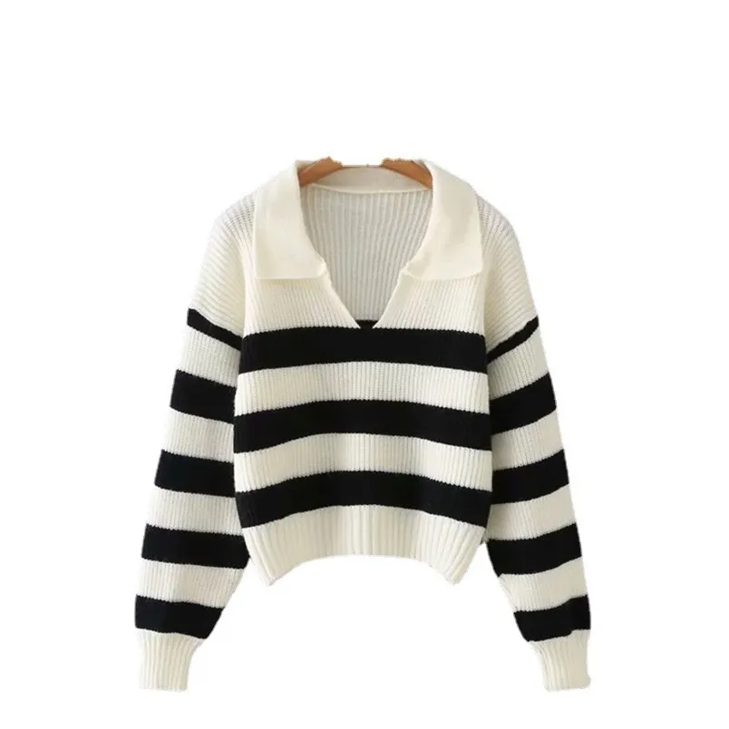 TRAF Kobiety Moda Striped Polo Collar Loose Knit Sweter Retro Długi Rękaw Pulower Streetwear 211007