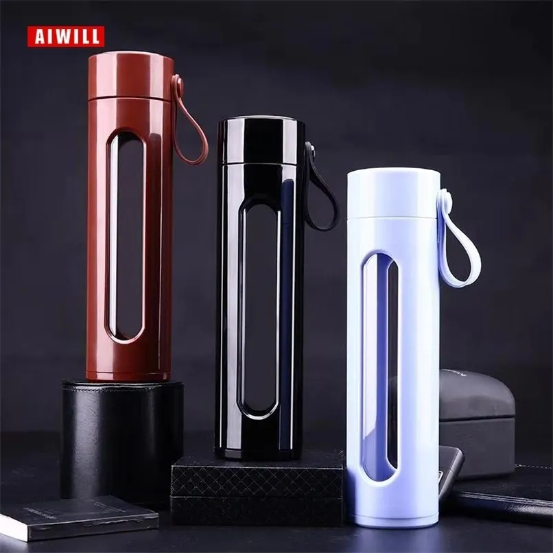 AIWILL Bouteille d'eau en verre portable double tasse couvercle filtre créatif bureau hommes femmes véhicule thermique 500ml 211122