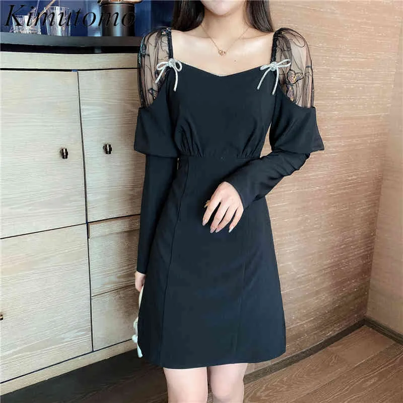 Kimutomo Élégante Robe Sexy Femmes Col Carré Taille Slim Hors Épaule À Manches Longues Robe De Soirée Robe Feminino Corée Chic 210521