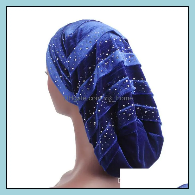 New fashion diamante velvet ruffle turban dreadlock sleeping cap Beany Slouch Cap Bandana Hair Loss Bonnet Tube cap 6 colors