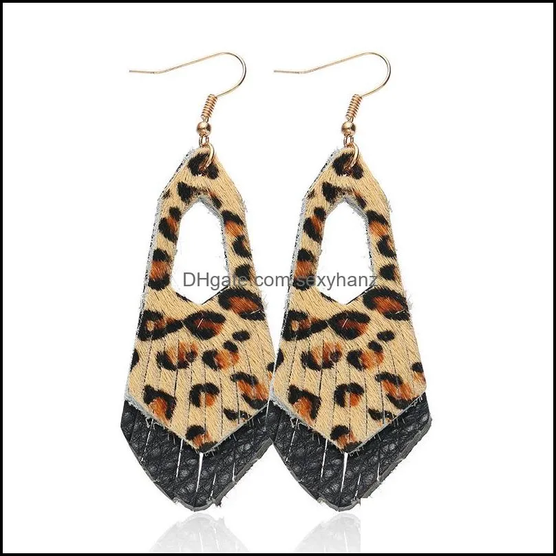 S1463 Hot Fashion Jewelry Women`s Leopard Leather Earrings Hollowed Leopard Tassel Real Leather Dangle Earrings