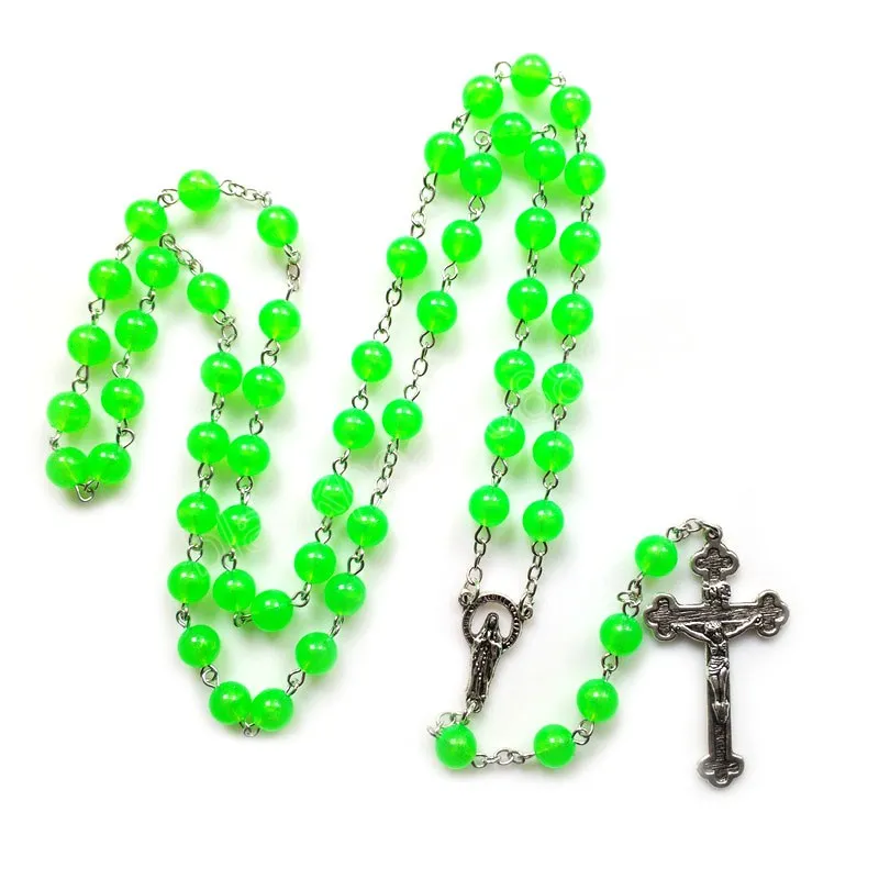 Collana Rsary verde luminoso Collana lunga con croce di Gesù Gioielli cattolici per uomo donna