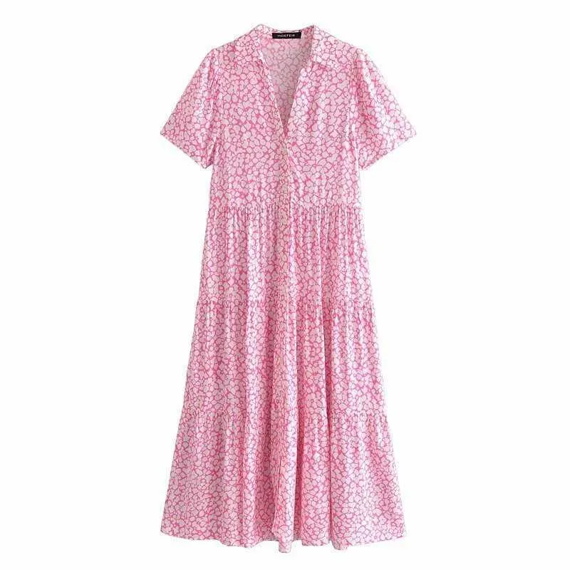 Summer Fashion Printed Dress Women V-neck Short Sleeves Button-up Vintage Maxi Shirt Dress Women Robe 210709