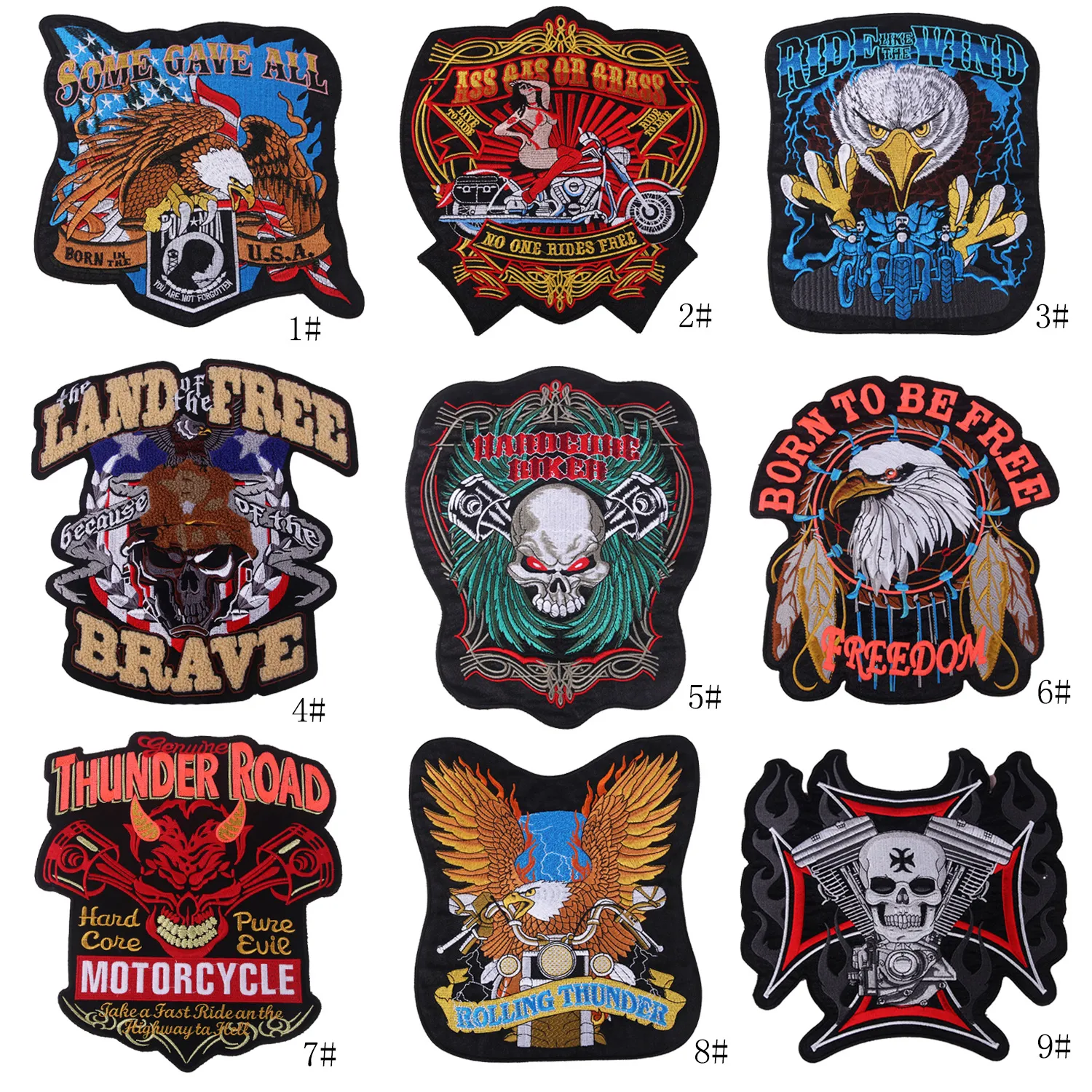 Borduurwerk Cartoon Cool Harley Skull Hoofd Patch Stof Custom Naai op Locomotive Motorfiets Letters Sticker Big Size Patchwork Applicaties voor Kleding Bag Rugzak