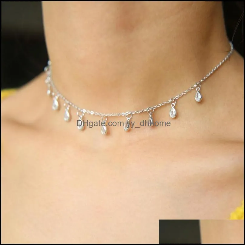 Elegant Cz Tear Drop Charm Simple Choker Layer Necklaces & Pendant Delicate Gold Color Sexy Station Jewelry For Women Chokers