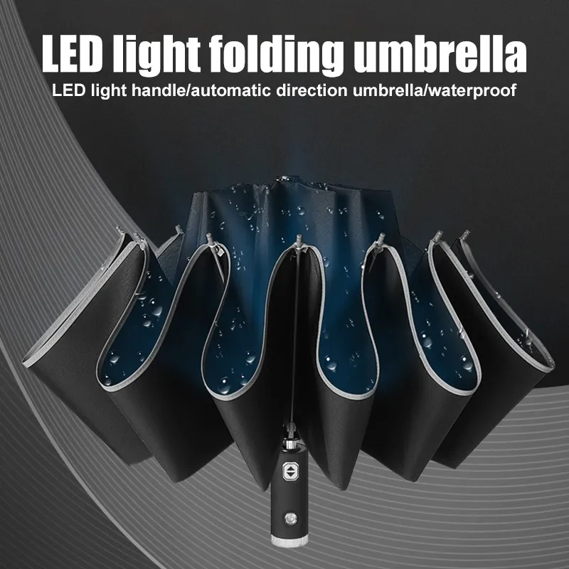 3 gånger omvänd automatisk vagn klart regn Kvinnors parasoll LED-ljus reflekterande remsa Fällande soligt paraply DTT 210320