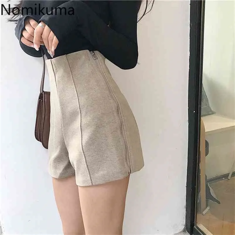 Nomikuma Seite Doppel-reißverschluss Shorts Frauen Koreanische Chic Hohe Taille Slim Fit Herbst Winter Neue Beiläufige Kurze Hosen Ropa Mujer 3d896 210323