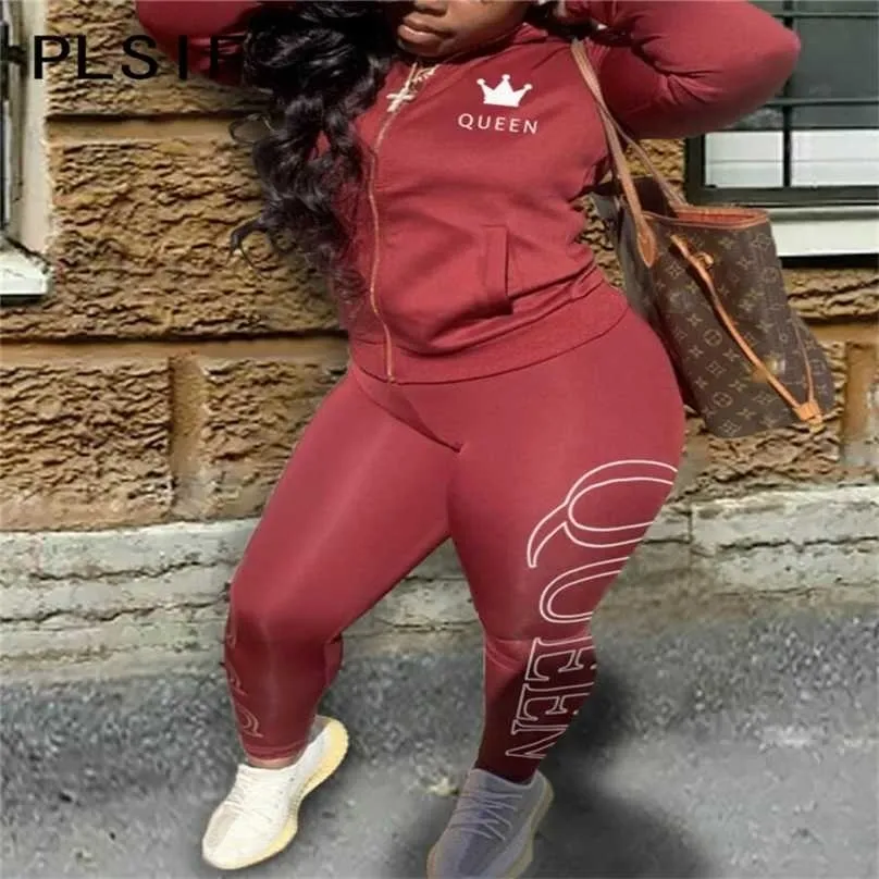 Kvinnor Mode Sportig Tracksuit Full Sleeve Print 2 stycken Outfits Kvinna Matchande Suit Track Suits 211106