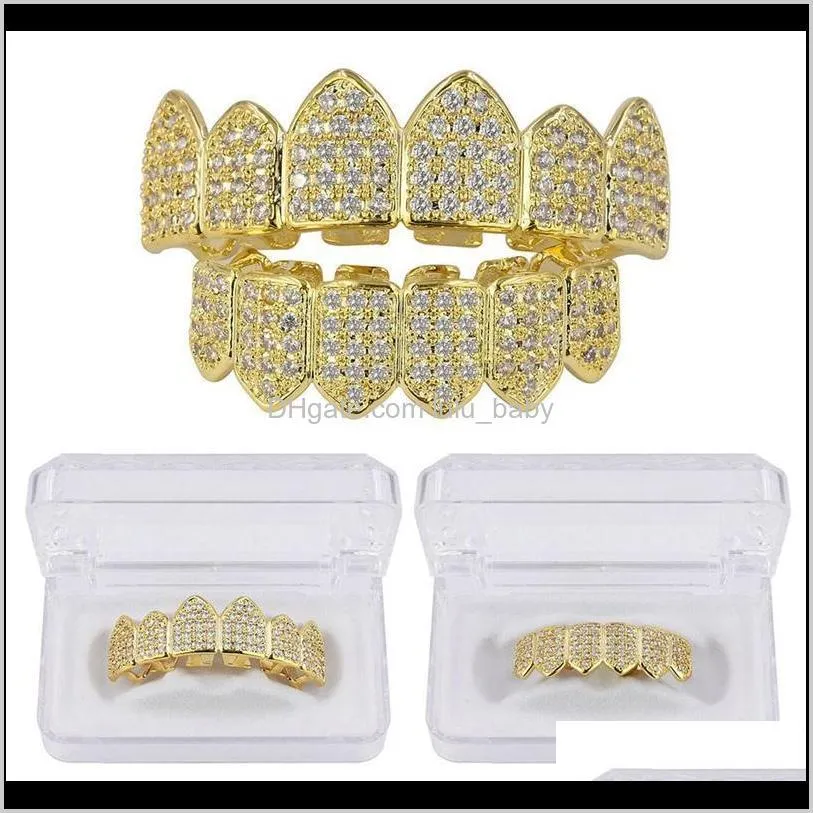 luxury bling zircon teeth braces street fashion rappers men women 18k gold rhodiium plated copper hip hop grillz 2-piece set vampire