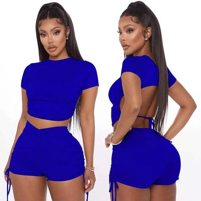 women Summer tracksuits 2 two piece outfits set Sexy backless Drawstring Short sleeve slim mini shorts suits sportswear jogging nightclub plus size clothing