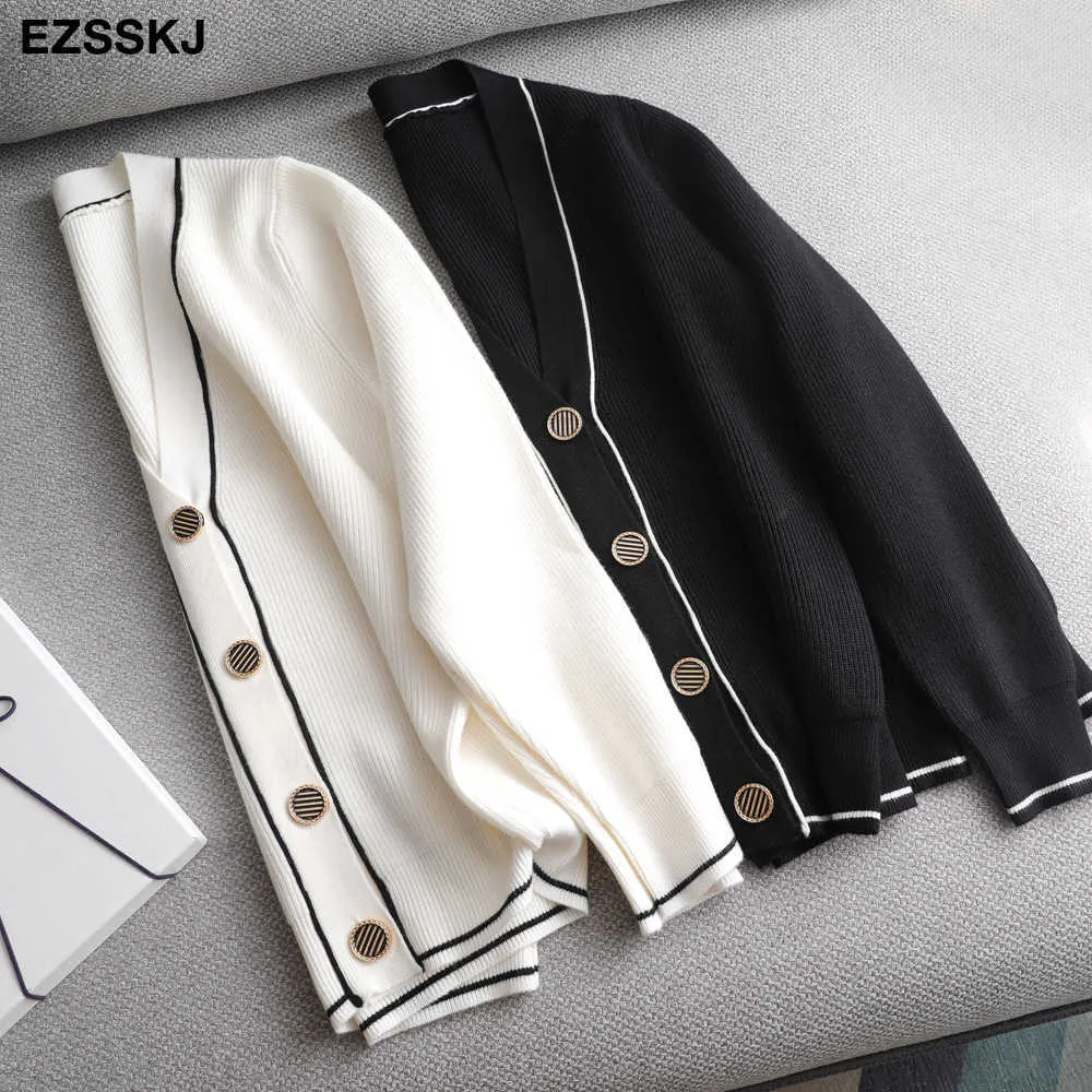 white black solid Sweater cardigans jacket ladies women thick sweater coat v-neck cardigan jacket coat outwear 210714