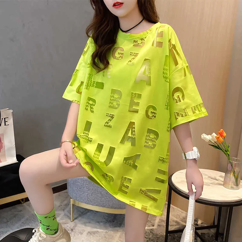 # 0796 Neon Sarı Pembe Uzun T Gömlek Kadınlar Tam Harfler Oymak T-Shirt Kadın Gevşek O Boyun Harajuku Streetwear T-shirt Seksi Y0621
