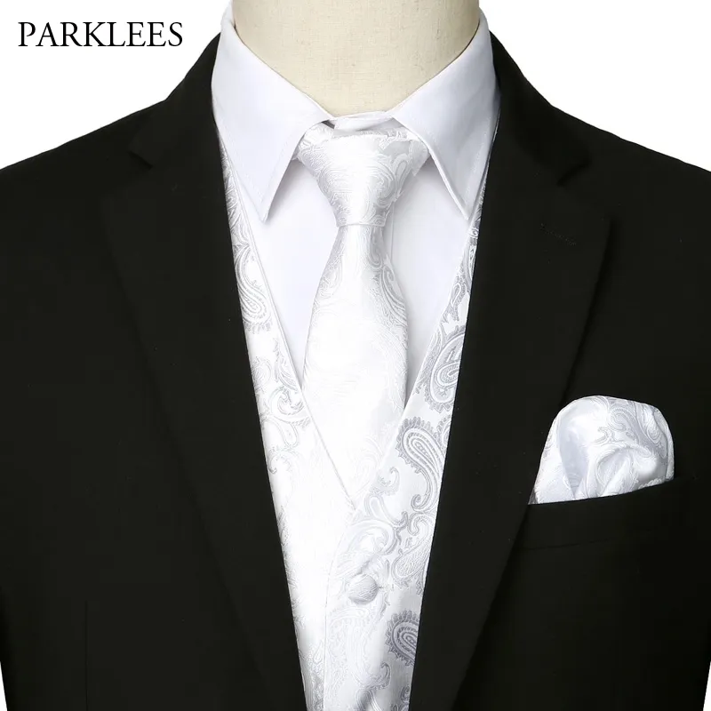 Mäns 3pcs Vit Jacquard Paisley Vest Set Elegant Män Bröllopsfest Waistcoat För kostym eller Tuxedo Slips + Ficka + Kvadrat 210522
