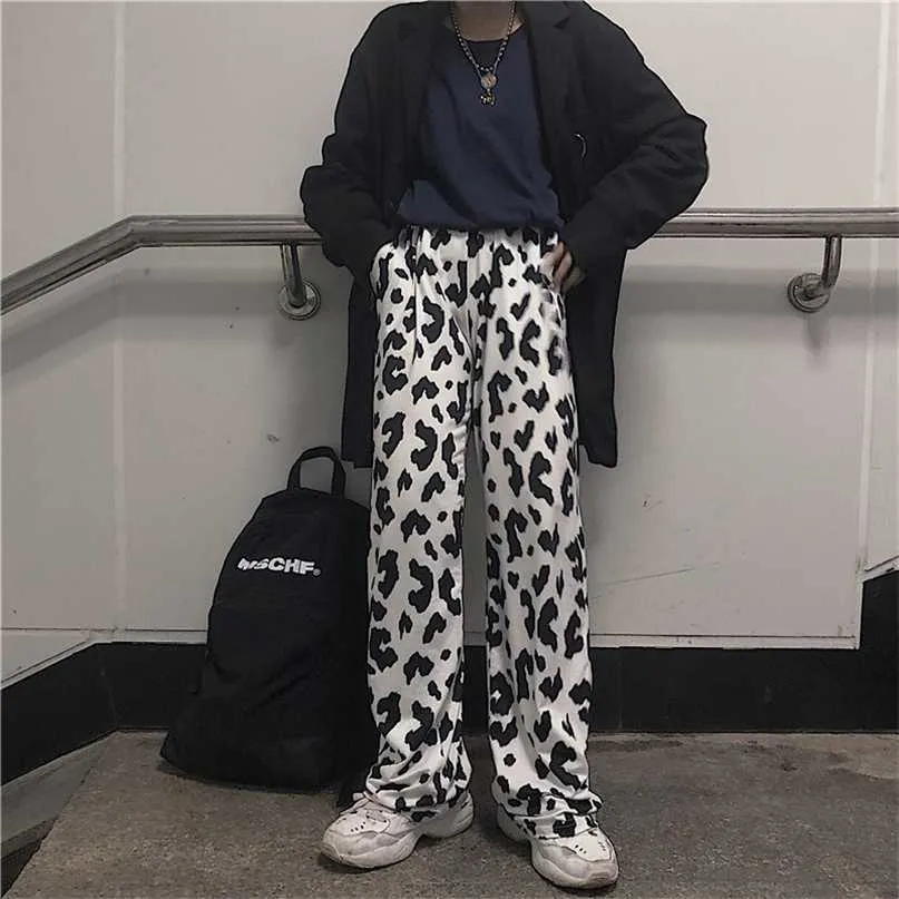 HOUZHOU Vaca Estampado de pierna ancha Pantalones Mujeres Oversize Estilo coreano Harajuku Pantalones Mujer Verano Calle Estética Alta Cintura 211118