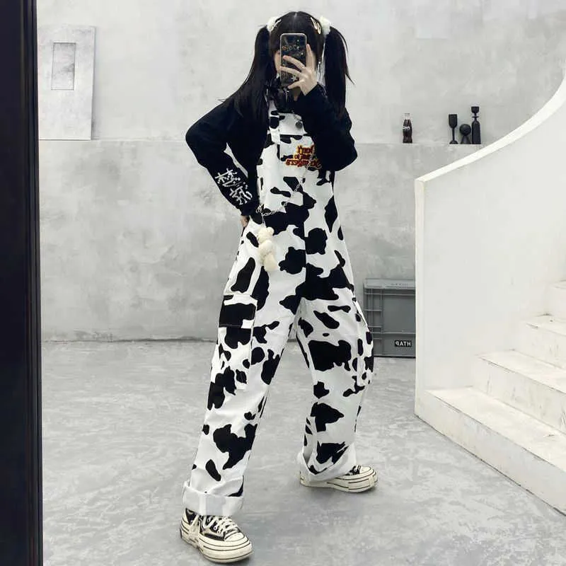 Houzhou Hippie Cow Print Drukuj Harajuku Krowa Wzorzyste Spodnie Koreański Styl Kombinezony Casual Baggy Szerokie spodnie nóg Spring 211006