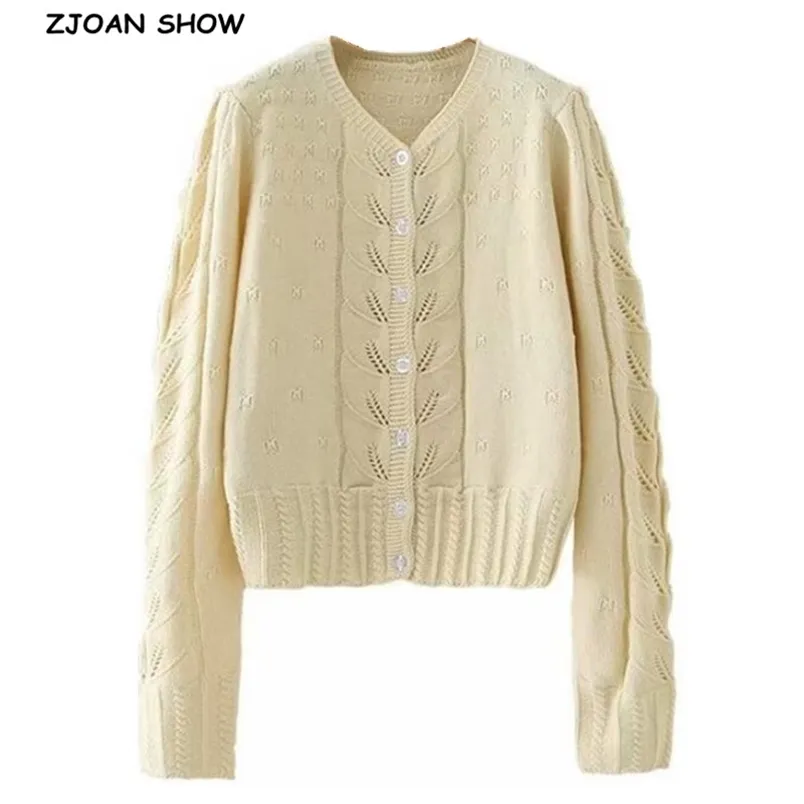 Vintage Kvinnor Stickad Cardigan Frankrike Stil Hollow Out Cream Twist Sweater Långärmad Knitwear 210429