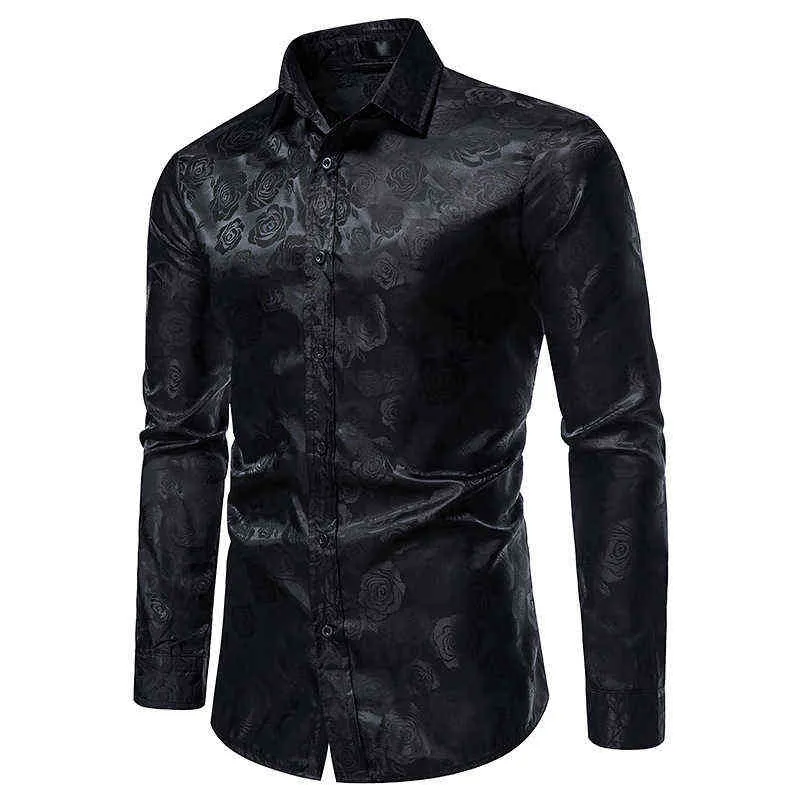 PARKLEES Slim fit overhemd met lange mouwen voor heren met luxe bloemenprint, zijdeachtige satijnen stof, veelzijdige gelegenheden voor bruiloft, feest, bal, business, casual, XL, Goud, S