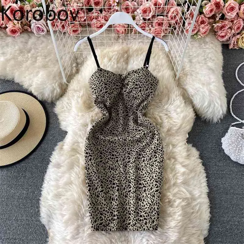 Korobov Sexy leopardo vestido Mujer cintura delgada Mini Spaghetti Strap Vestidos Mujer verano nueva llegada Night Club Vestidos Mujer 210430