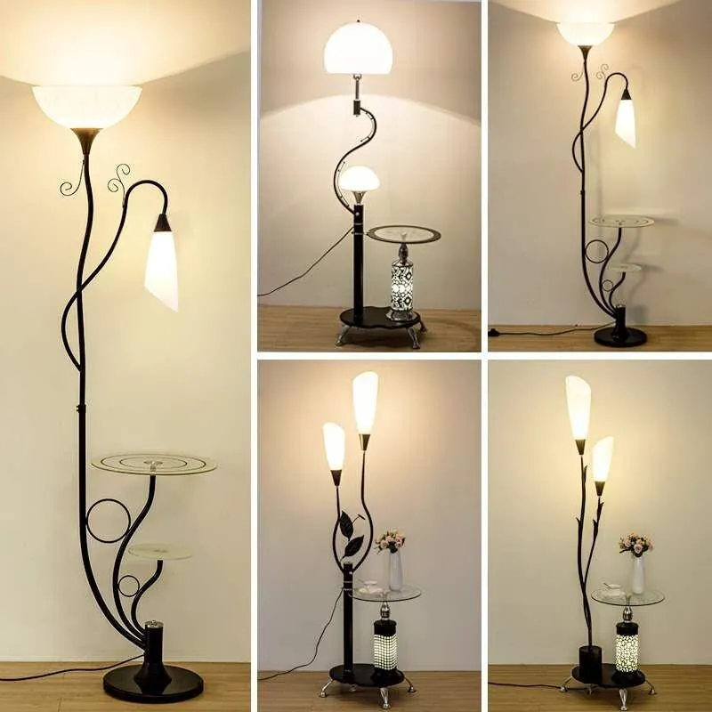 Floor Lamps Standing Light With Wood Table For Living Room Bedside Flower Glass Lampshade Art Decor Corner Lamp