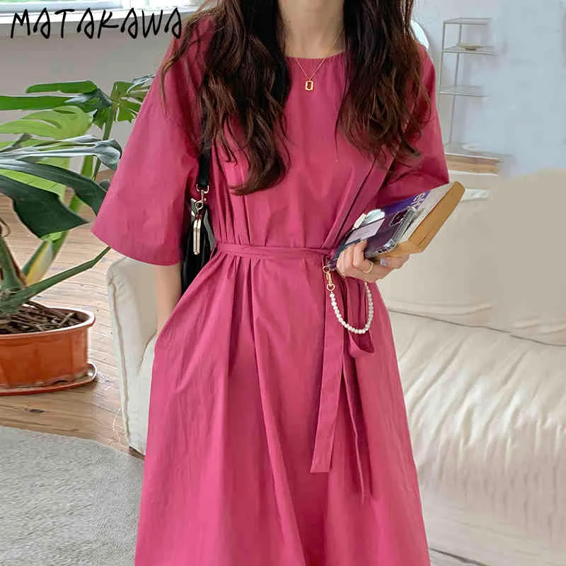 MATAKAWA Sommer Rundhals Kleid Lose Krawatte Taille Roben Kurzarm Große Schaukel Frau Kleid Korea Chic Lange Vestido feminino 210513