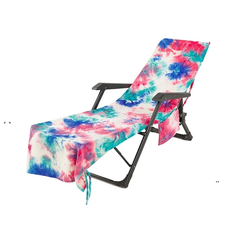 NEWTie-Dye Beach Chair Cover with Side Pocket Colorful Chaise Lounge Towel Covers Sun Lounger Sunbathing Garden Water Absorption EWE7571